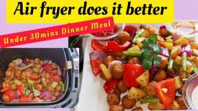 Under 30 mins Air fryer One Pot Healthy Dinner Meals Recipes. Potatoes, Chicken Balls & Vegetables